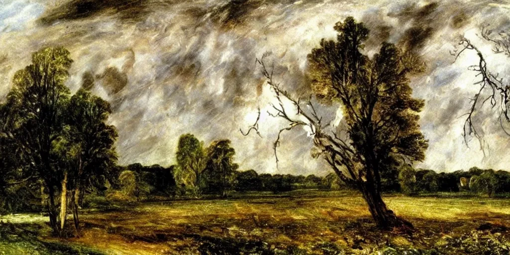 Prompt: lightning strikes a tree in the middle of a field, painting By John Constable,