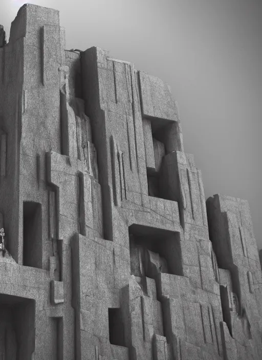 Prompt: a highly detailed brutalist concrete buidling carved into a rock face mountain, fog, mist, brutalist architecture, gothic, art deco, hyperrealism, highly detailed, intricate, cinematic, symmetrical and centered, front facing camera, cinematic, epic lighting, octane nvidia omniverse render in 4 k by james gurney, greg rutkowski, artstation