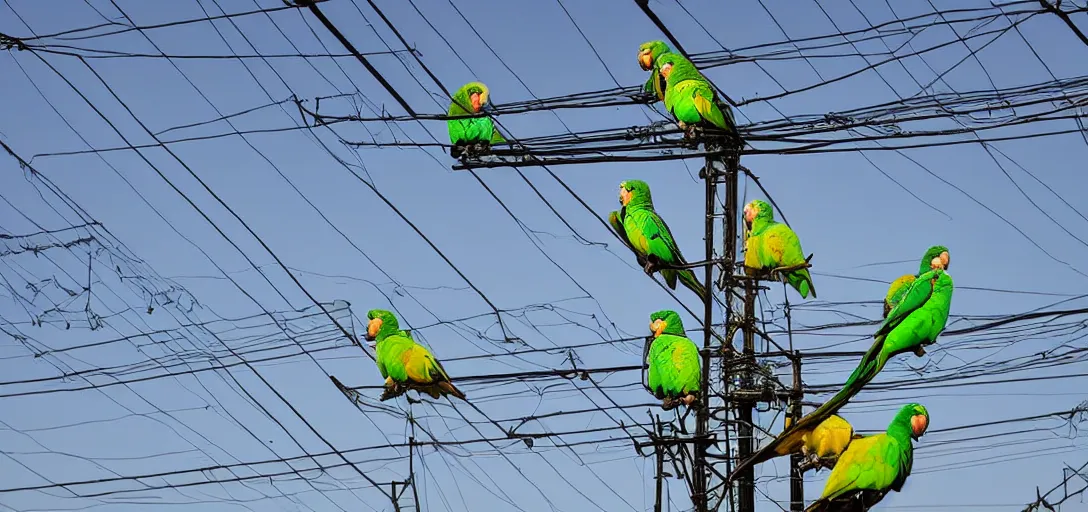 Prompt: a 3 5 mm photography at night, camera with strong flash on, of a lot of green parrots on the power lines taken by yoshinori mizutani - h 9 6 0