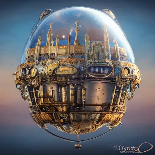 Prompt: enormous floating city in a faberge egg, sky, steampunk, fantasy art, unreal engine,
