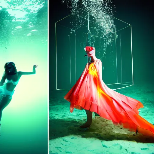 Image similar to medium format photograph of a surreal fashion shoot underwater with lightning strikes and neon fish