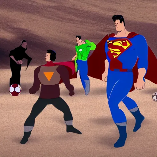 Image similar to supermen and hulk playing soccer at desert, a crowd watching they play