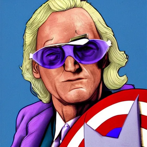 Prompt: Film Poster of Jimmy Saville as Captain America, wearing purple sunglasses and smoking a cigar, extremely high detail, trending on artstation