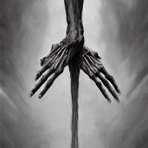 Prompt: The hands of god and the hands of death reaching together, vertical symmetry, detailed hands, detailed skeleton hands, beautiful moody artwork by Greg Rutkowski and Asher Duran