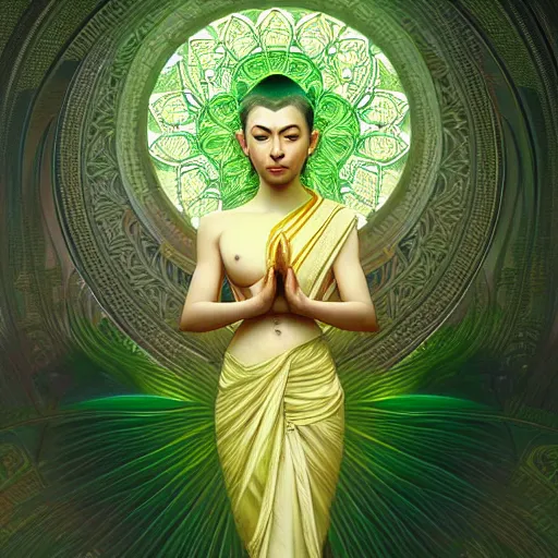 Image similar to delicate buddhist lotus flower emiting mystical light, intricate, elegant, highly detailed, my rendition, digital painting, artstation, concept art, smooth, sharp focus, green color scheme, illustration, art by artgerm and greg rutkowski and alphonse mucha