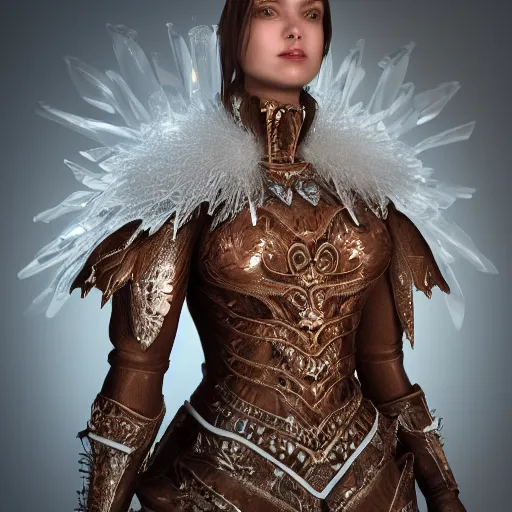 Prompt: a regal brown woman wearing an intricate and detailed armor made of ice. ice caves. glaciers. dramatic shadows. reflections. volumetric lighting. textures. delicate. translucent. studio portrait. photorealistic. octane render