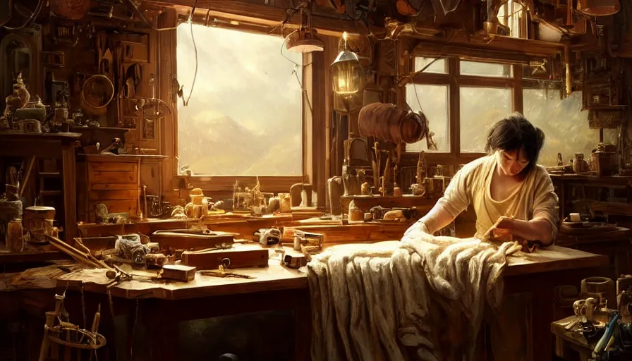 Prompt: highly detailed oil painting | very intricate | cinematic lighting | award - winning | craftsman | building a piece of furniture in their workshop | beautiful cinematic light, american romanticism, by huang guangjian, gil elvgren, ruan jia, randy vargas, greg rutkowski, artstation, cgsociety, official art, octane