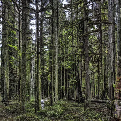 Prompt: liminal photograph of a pacific northwest forest inside a huge abandoned mall, wide angle photography