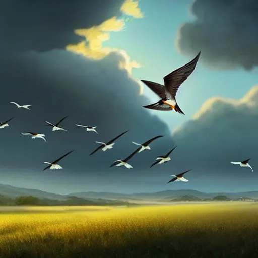 Prompt: closeup flock of swallow birds flying in avila, golondrinas, green fields, oak, spring season, 4 k, morning light, concept art, by wlop, ilya kuvshinov, artgerm, krenz cushart, greg rutkowski, pixiv. cinematic dramatic atmosphere, sharp focus, volumetric lighting, cinematic lighting, studio quality