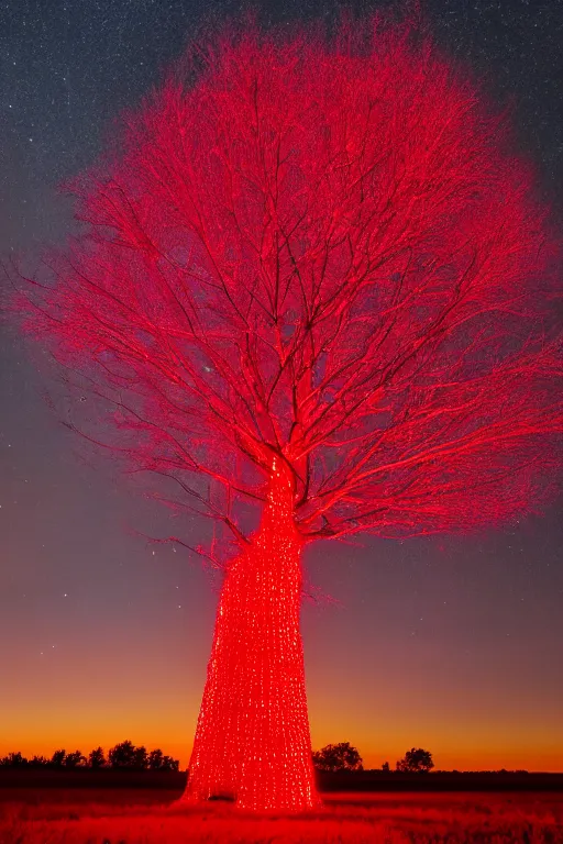 Image similar to A giant glowing red tree made out of light in the center of a corn field blasting off into space, 8K UHD