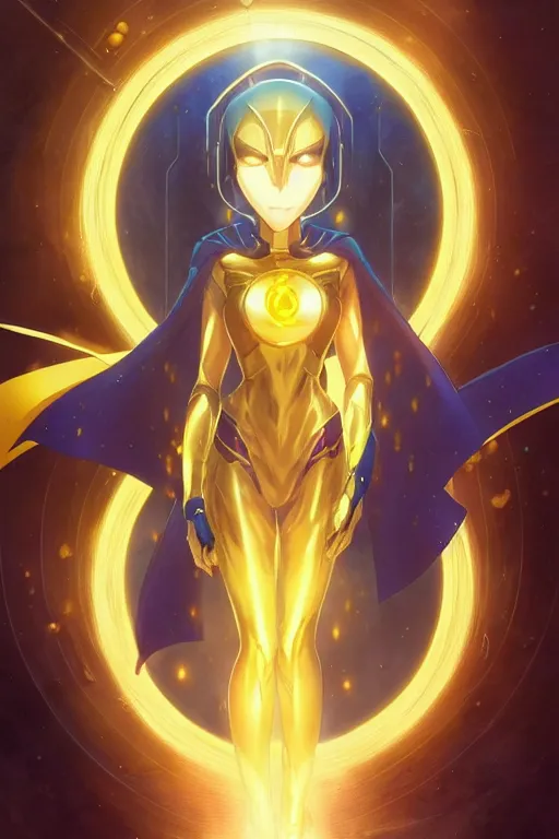 Image similar to anime key visual of a beautiful young female doctor fate!! intricate, cape, glowing, powers, dc comics, cinematic, stunning, highly detailed, digital painting, artstation, smooth, hard focus, illustration, art by artgerm and greg rutkowski and alphonse mucha