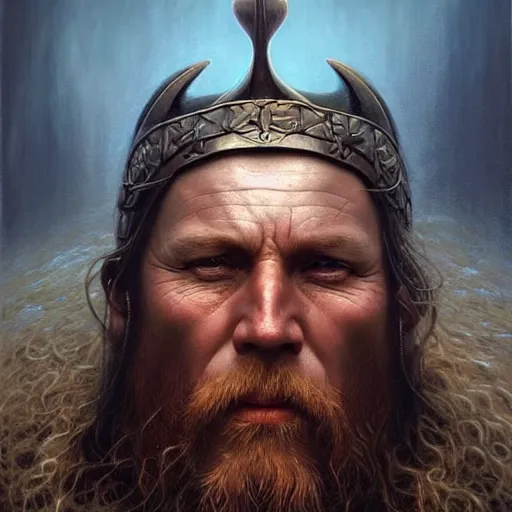 Prompt: a hyperrealistic acrylic portrait painting of a viking king by artgerm, beksinski and thomas kinkade. intricate details. believable eyes. head and shoulders. front on, symmetrical. volumetric lighting. epic fantasy art.