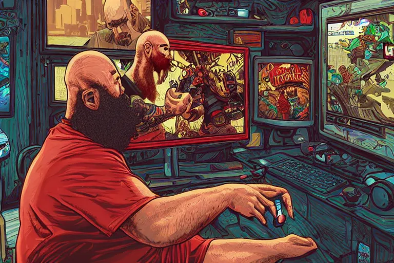 Image similar to a bald man with a big red beard playing video games by dan mumford and sandra chevrier, 4 k