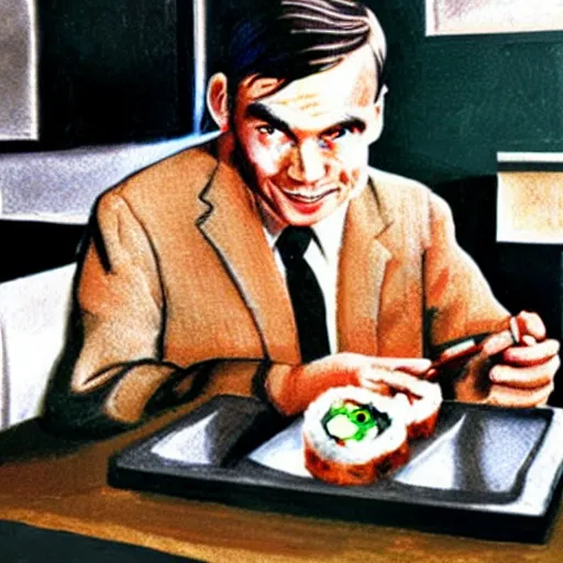 Image similar to alan turing enjoying a sushi roll, photorealistic