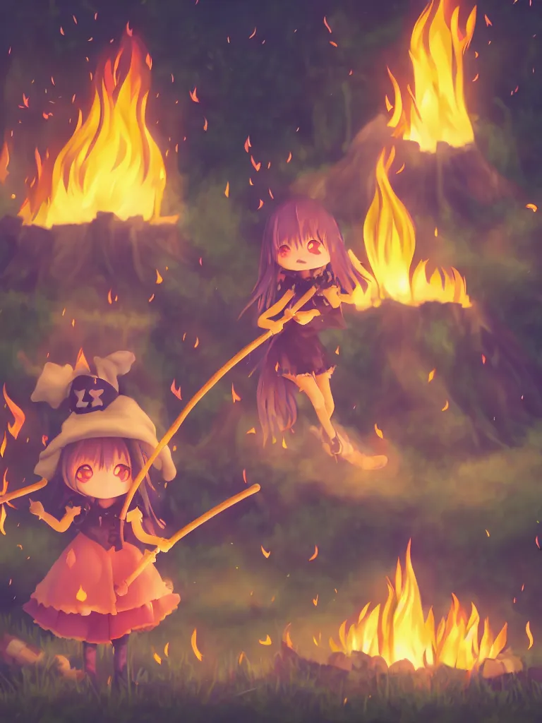 Image similar to cute fumo plush manic happy witch pyromaniac girl giddily starting a huge bonfire in the forest, anime, burning flames, warm glow and volumetric smoke vortices, rule of thirds composition, vignette, vray