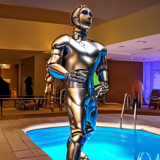 Image similar to a realistic detailed photo of a guy who is an attractive humanoid who is half robot and half humanoid, who is a male android, wrestler nick suriano, shiny skin, posing like a statue, blank stare, by the pool, on display, showing off his muscles, humanoid robot, frozen ice statue