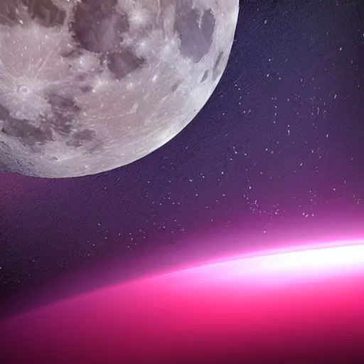 Prompt: moon with atmosphere seen from space lightning storm pink cinematic photorealistic very detailed