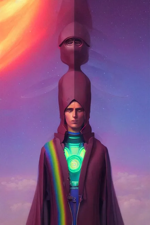 Image similar to male patron saint of 🛸🌈, futuristic clothing, neon god of city character portrait, in the style of moebius, tom bagshaw, and waterhouse, cinematic lighting, beautiful, elegant, oil painting,