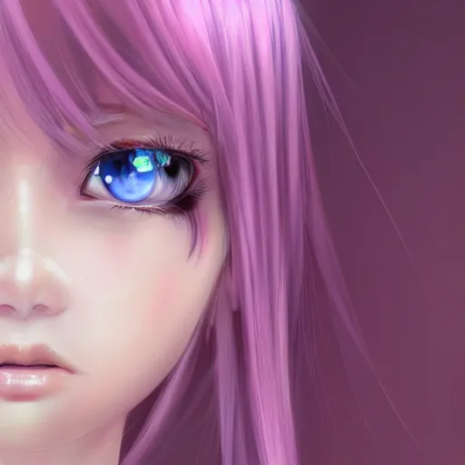 Prompt: of a 2 d girl with 3 d oil pink hair realistic eyes with minimal features as ai holographic art