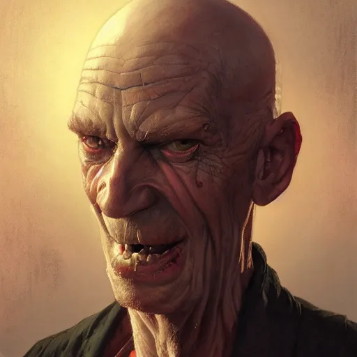 Image similar to portrait of a red bald man with black eyes and a black teeth, horror, glowing eyes, by Stanley Artgerm Lau , greg rutkowski, thomas kindkade, alphonse mucha, loish, norman rockwell. Trending on artstation detailed illustration hd 4k