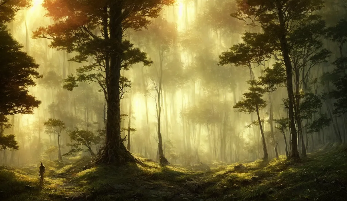 Image similar to detailed intricate digital landscape illustration by greg rutkowski and artgerm and wlop and sanford robinson gifford ; 1 9 8 8 vehicle, glowing headlights, yggdrasil forest thick trees ; 1 3 mm film still, wide angle arri alfa anamorphic lens, motion blur ; sharp focus, soft evening lighting with gleaming sun rays ; trending on artstation 4 k