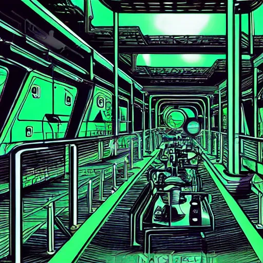 Image similar to a scifi illustration, factory interior dark with neon green vats of fluid. seen from above, parallax bloom effect, heavy linework line brush, graphic novel style