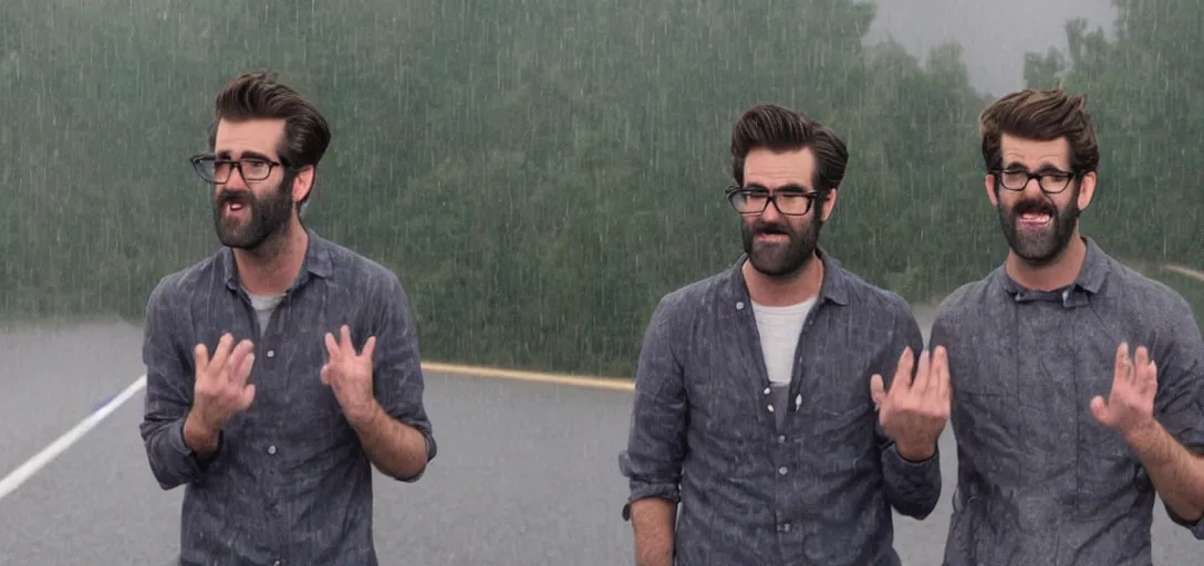 Prompt: rhett and link crying in the middle of the road while its raining