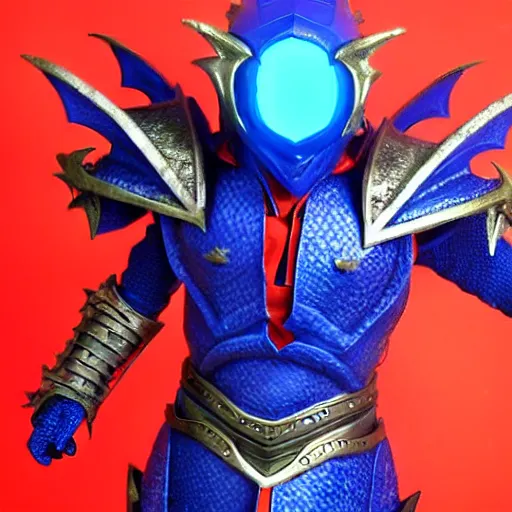 Image similar to High Fantasy Dragon Kamen Rider, blue armor with red secondary color, 4k, glowing eyes in helmet, daytime, chainmail, rubber suit,