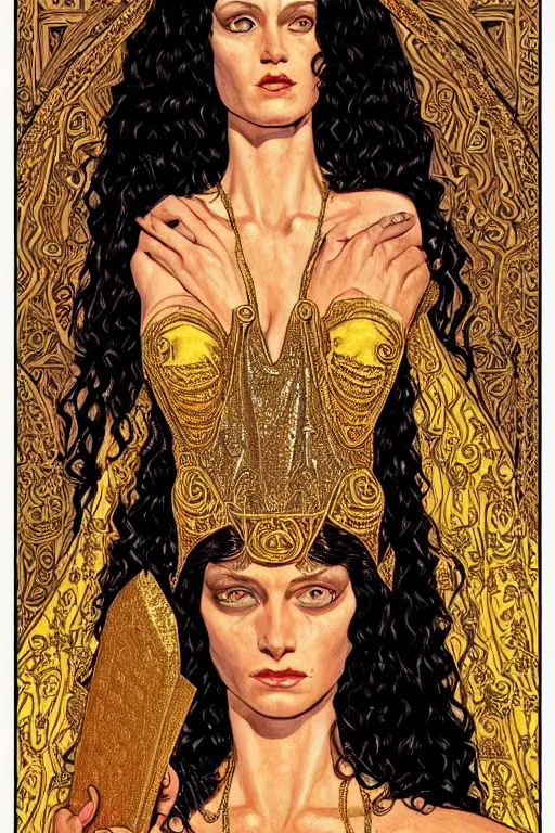 Image similar to Portrait of historically accurate, ancient biblical, sultry, sneering, evil, pagan, wicked, queen jezebel, wearing gilded robes, long hair, intricate, elegant, highly detailed, masterpiece, illustration, art by Jean Giraud, highly detailed, trending on artstation, award winning