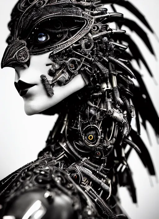 Image similar to a stunning young female crow mixed cyborg profile face, face is made intricate tribal bio - mechanical, editorial photography, bw, shot on 7 0 mm, depth of field, f / 2. 8, high contrast, 1 6 k, volumetric lighting, shiny, insanely detailed and intricate, hypermaximalist, elegant, ornate, hyper realistic, super detailed