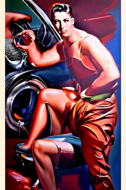 Prompt: muscular mechanic fixing a car engine painting by rolf armstrong, cool colors,