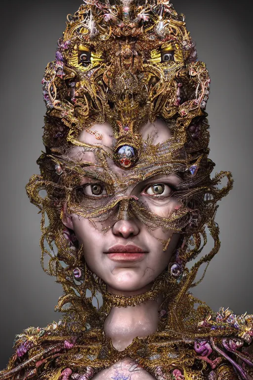 Image similar to hyper-realistic ultra-detailed maximalist and dramatic elegant luxury beautiful young empress portrait by igor goryunov and patricio clarey inspired by andrei riabovitchev and heidi taillefer Rendered by binx.ly 8k. Generative art. Fantastic realism. Scifi feel. Extremely Ornated. Intricate and omnious. Tools used: Blender Cinema4d Houdini3d zbrush. Unreal engine 5 Cinematic. Beautifully lit. No background. artstation. Deviantart. CGsociety.