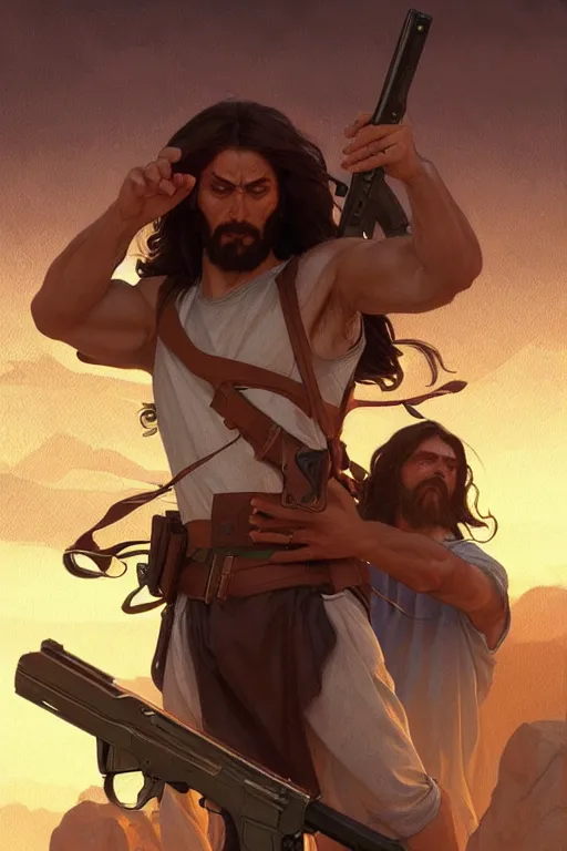 Image similar to jesus christ wielding guns, in an action pose, realistic portrait, symmetrical, highly detailed, digital painting, artstation, concept art, smooth, sharp focus, illustration, cinematic lighting, art by artgerm and greg rutkowski and alphonse mucha