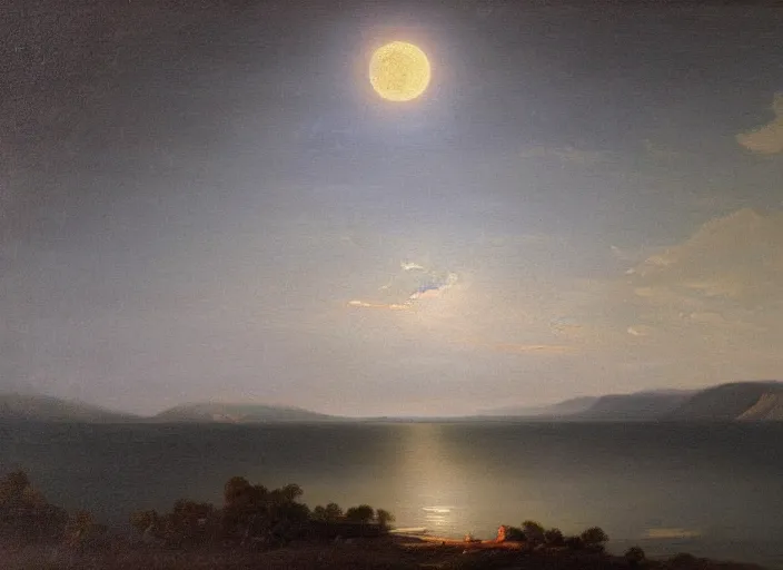 Image similar to the moon's sea of tranquility, earth in the background in the style of hudson river school of art, oil on canvas