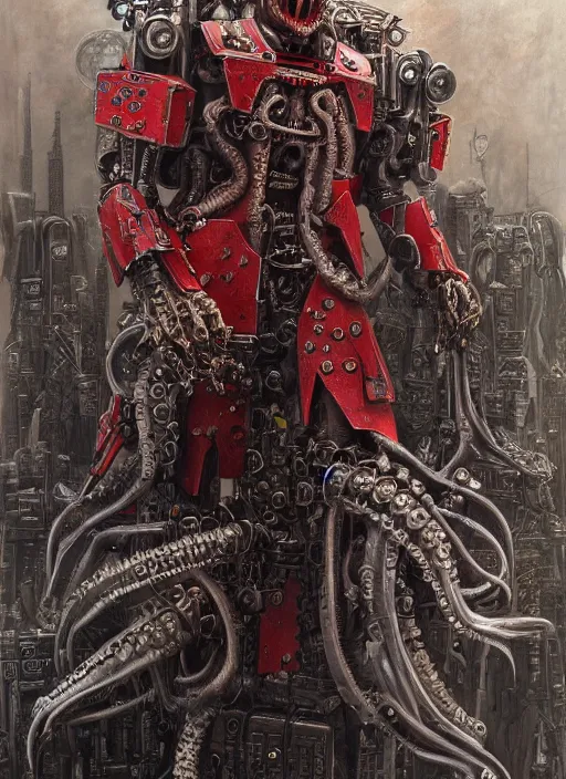 Image similar to portrait of rotten Nicolas Cage as adeptus mechanicus in red hood and robe from Warhammer 40000, mechanical tentacles. Highly detailed, artstation, illustration by and John Blanche and zdislav beksinski and wayne barlowe