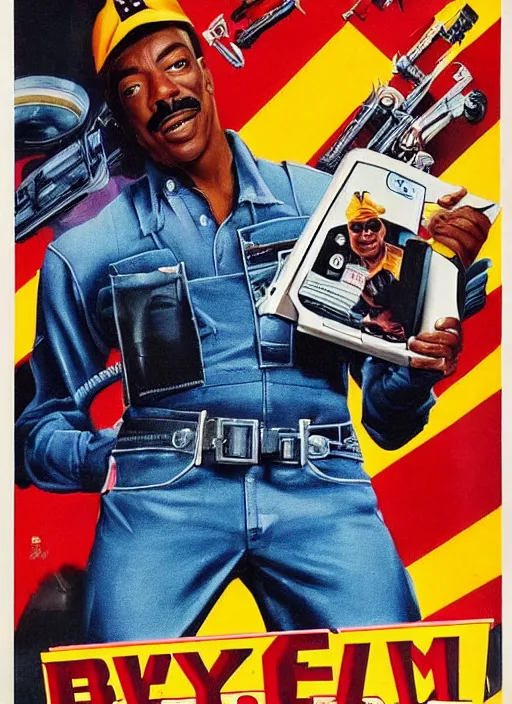 Prompt: an 8 0's action movie poster starring eddie murphy as a plumber to rich people. he's in a large bathroom. overalls. exploding toliet. tool belt. in the art style of john alvin. the movie is titled beverly hills crap