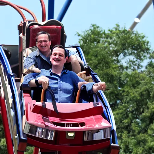 Prompt: Ted Cruz riding a roller coaster in six flags