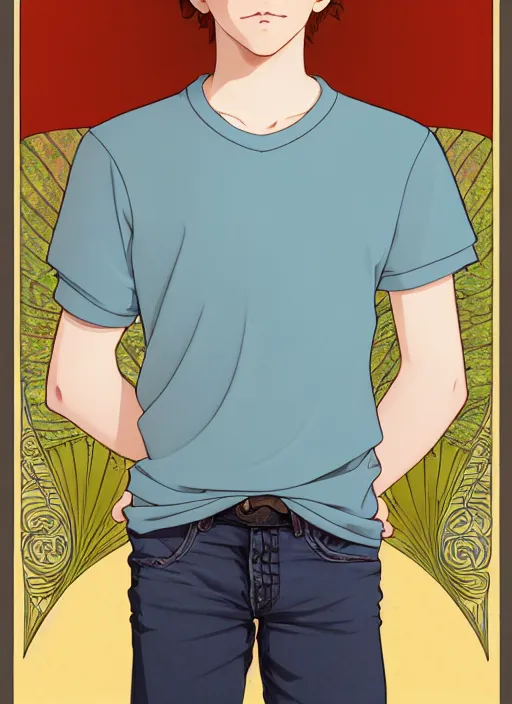 Image similar to art nouveau portrait of a teen boy with completely straight auburn hair, light blue eyes, pale skin, freckles, sad expression, t - shirt, modern casual clothing, natural lighting, path traced, highly detailed, high quality, cartoon, digital painting, by don bluth and ross tran and studio ghibli and alphonse mucha