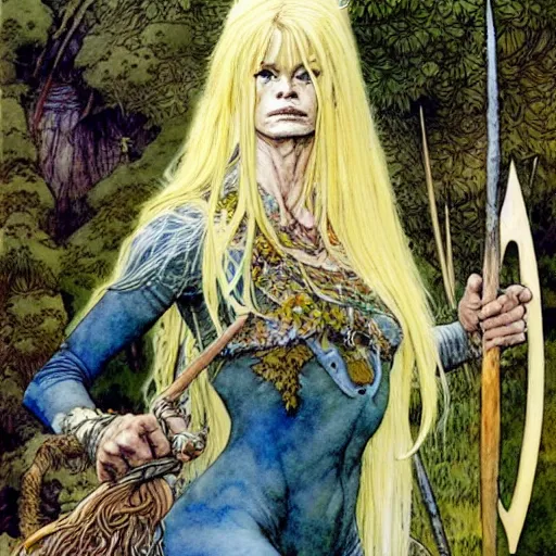 Image similar to a realistic and atmospheric watercolour fantasy character concept art portrait of brigitte bardot as a druidic warrior wizard looking at the camera with an intelligent gaze by rebecca guay, michael kaluta, charles vess and jean moebius giraud