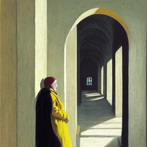 Image similar to in the distance, a little girl with short black hair and wearing a yellow coat alone in the inner courtyard of a cloister in an abbey, the light is bright and wintry, painting by hopper and de chirico