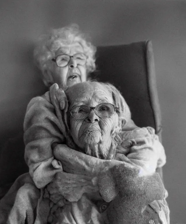 Prompt: there's something wrong with grandma, photo, creepy, upsetting, offputting