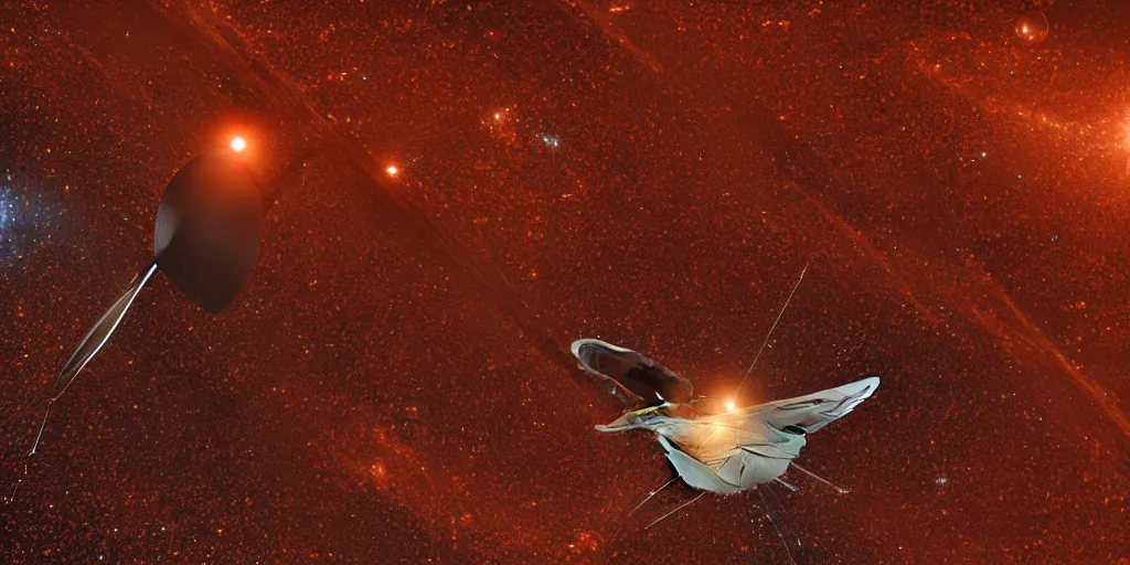 Image similar to medium close up of a solar sail probe entering a solar system carrying a dead alien. The probe is from an isolated star in a thick dust cloud, UE5, 8K, 4K