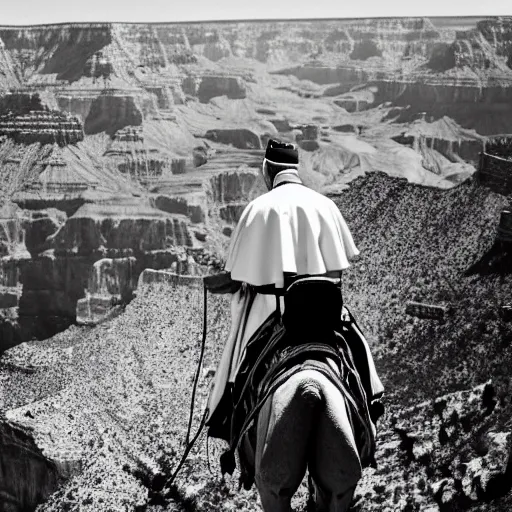 Image similar to A photo of the Pope riding a camel at the grand canyon 85mm lens, f1.8.