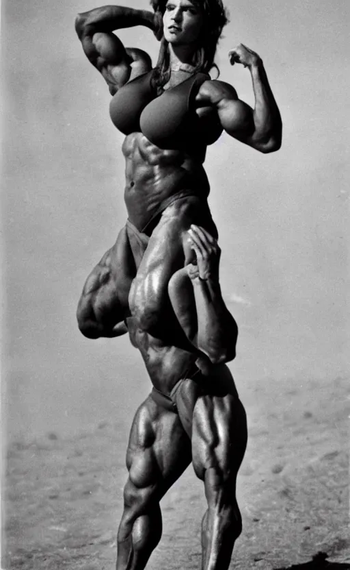 Image similar to gigachad as woman, full body photo, bodybuilder Ernest Khalimov, black and white photograph