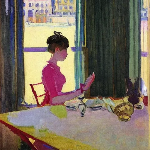 Prompt: a girl in a pink dress with folded hands on a table with iphones on a table sits at a table in a sunny room and looks at the camera, the window is open, by valentin serov