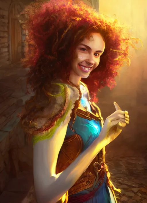 Image similar to an epic fantasy comic book style portrait painting of a girl wearing colorful makeup with a smile and curly brown hair stepping out of a doorway with light shining behind her, unreal 5, daz, hyperrealistic, octane render, cosplay, rpg portrait, dynamic lighting