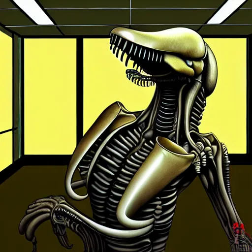 Prompt: detailed realistic xenomorph in an endless empty office building, pale yellow walls, moist brown carpet, defective fluorescent lighting, artstation, ultra detailed, creepy, photorealistic, nostalgia