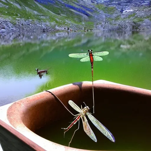 Image similar to dragonfly in a bathtub in the alps, goats!!!!! in background