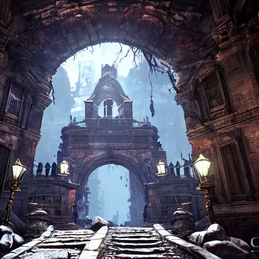 Prompt: a cave entrance in the middle of a city, screenshot from bloodborne, professional work, stunning screenshot