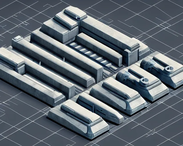 Prompt: isometric 3 d sculpt of a thick square industrial military scifi giant city facade gun metal airport inspired by the matrix, star wars, ilm, beeple, star citizen halo, mass effect, starship troopers, elysium, the expanse, high tech industrial, artstation unreal